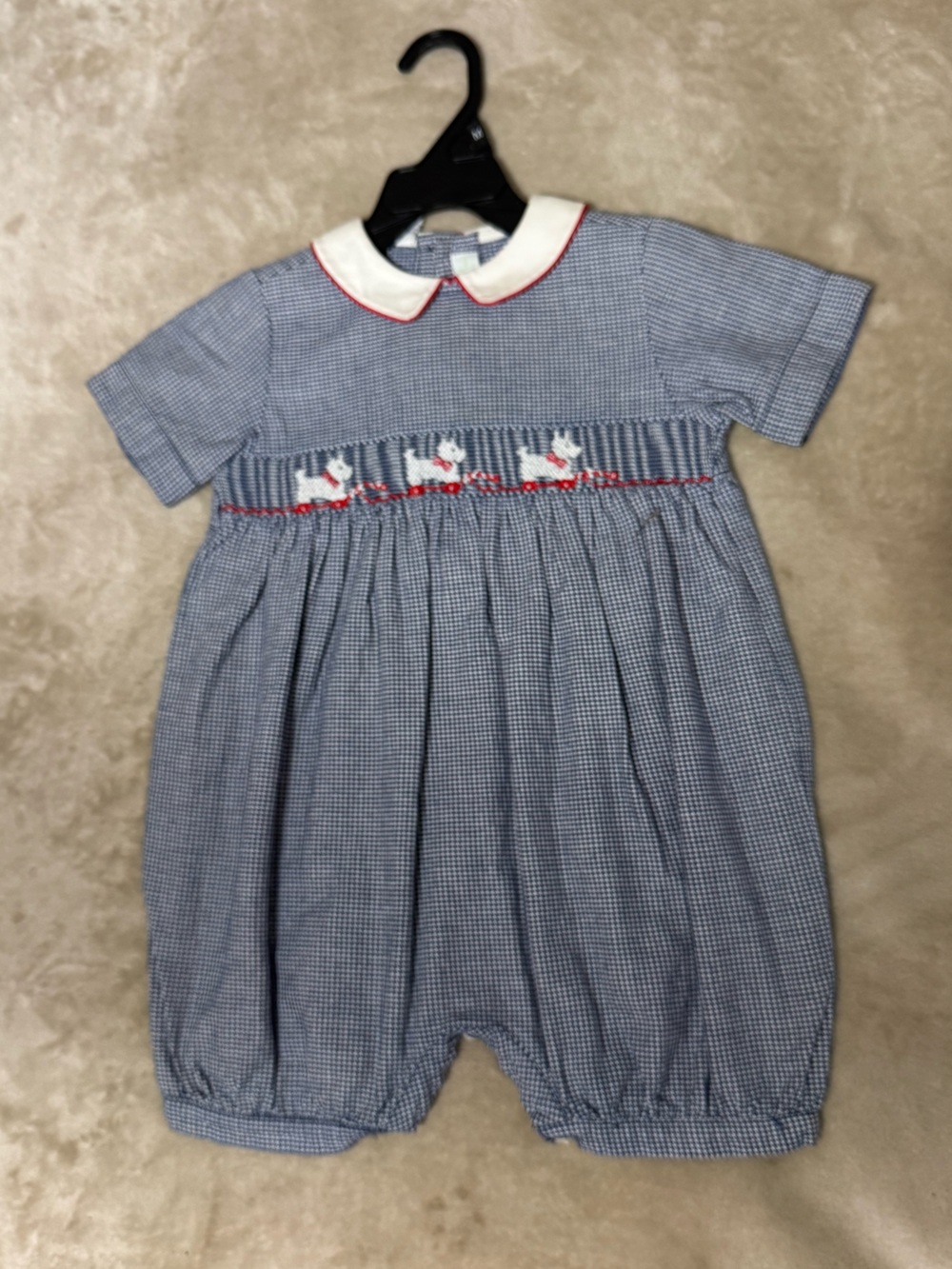 Blue Gingham Smocked Waist bubble with White Collar